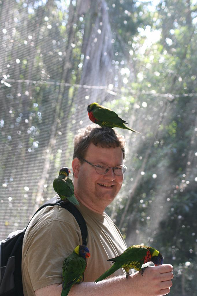 20081019 wild animal park 033.jpg - San Diego Zoo - Ivon pretends to like Lorikeets, but fears for his ears